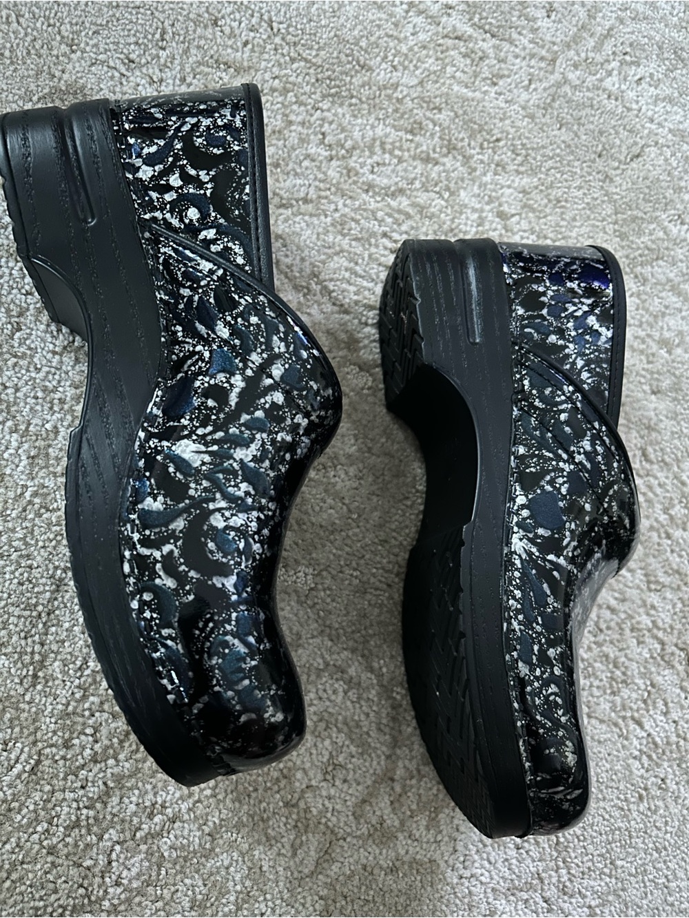Dansko slip on clogs. Shiny, black, silver, & blue, leather. - Picture 4 of 10